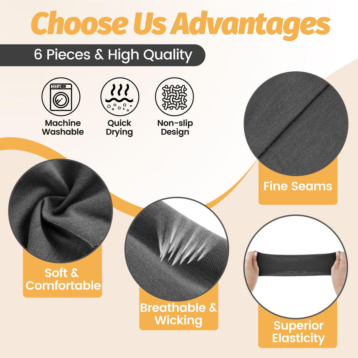 6pcs-Pack Stretch Headbands for Sports, Yoga, Daily Wear & Face Cleansing (Black)