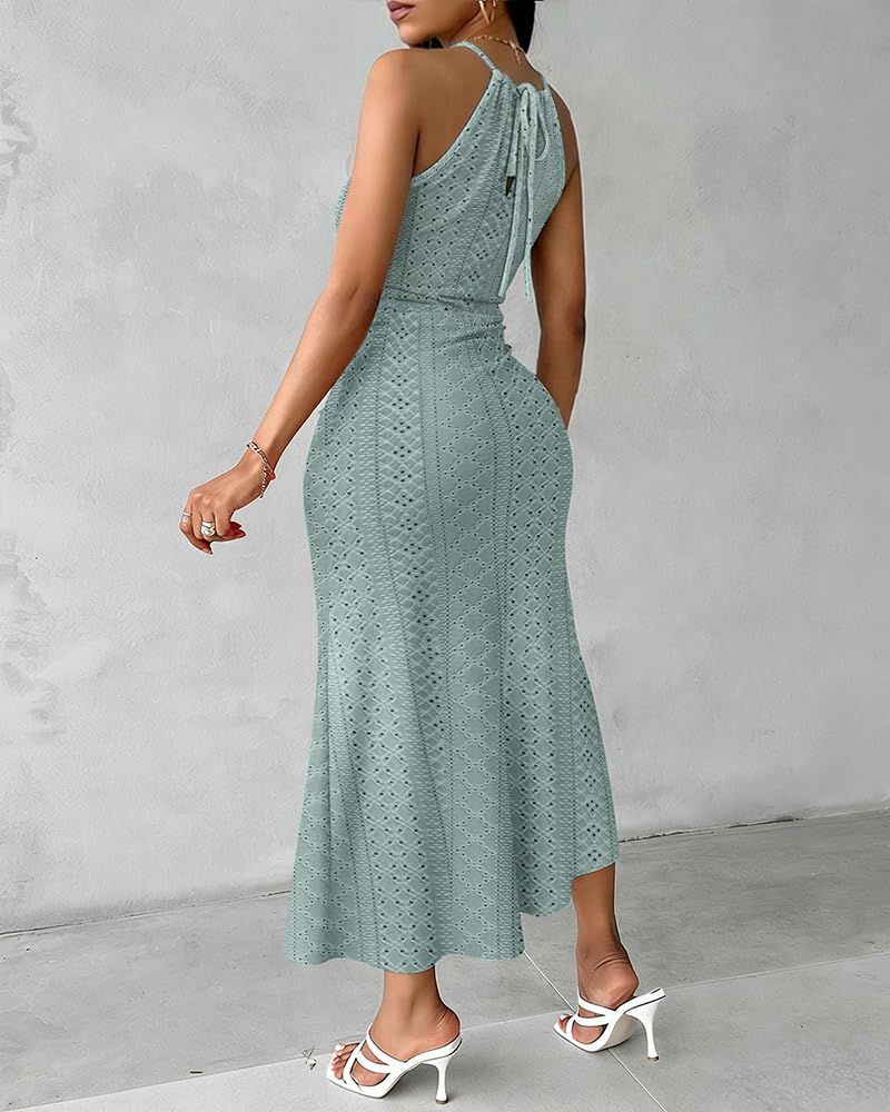 Elegant Sleeveless Lace Slit Midi Dress for Weddings, Vacations & Parties, XL (Dusty Sage)