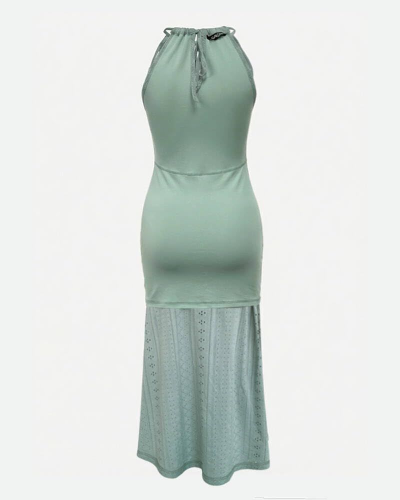 Elegant Sleeveless Lace Slit Midi Dress for Weddings, Vacations & Parties, XL (Dusty Sage)