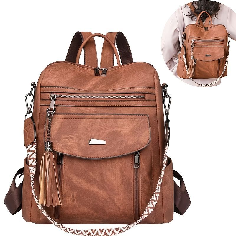 Women'S Travel Backpack Stylish Backpack Leather Backpack Tassel Backpack Chain - Black - Size 01