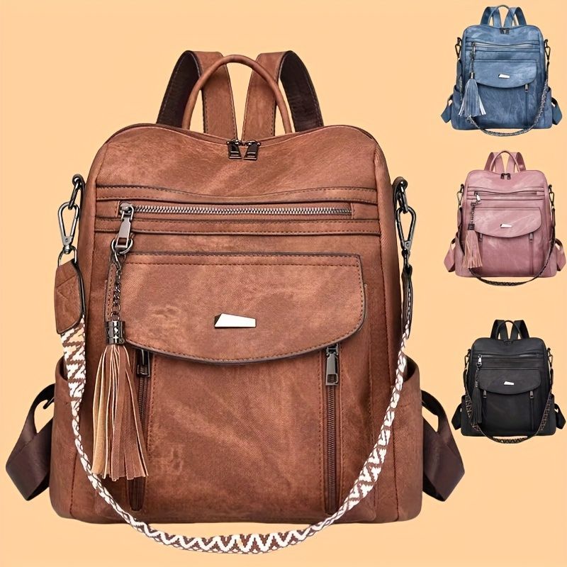 Women'S Travel Backpack Stylish Backpack Leather Backpack Tassel Backpack Chain - Black - Size 01