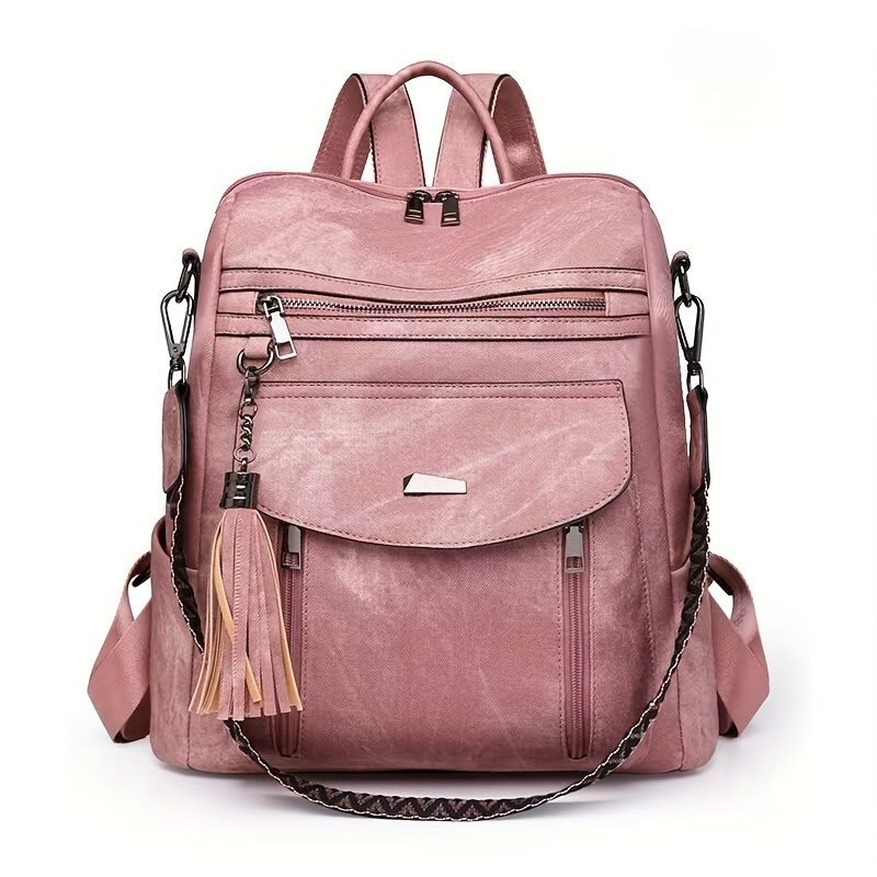 Women'S Travel Backpack Stylish Backpack Leather Backpack Tassel Backpack Chain - Brown - Size 01