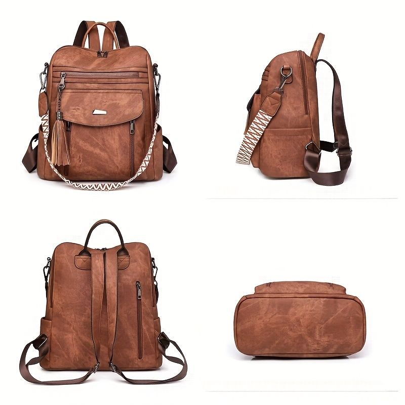 Women'S Travel Backpack Stylish Backpack Leather Backpack Tassel Backpack Chain - Brown - Size 01