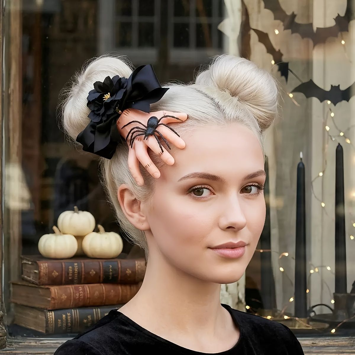 Halloween Decoration Fake Hand Spider Prop Bow Accent Spooky Decor Realistic - Black - Size 01