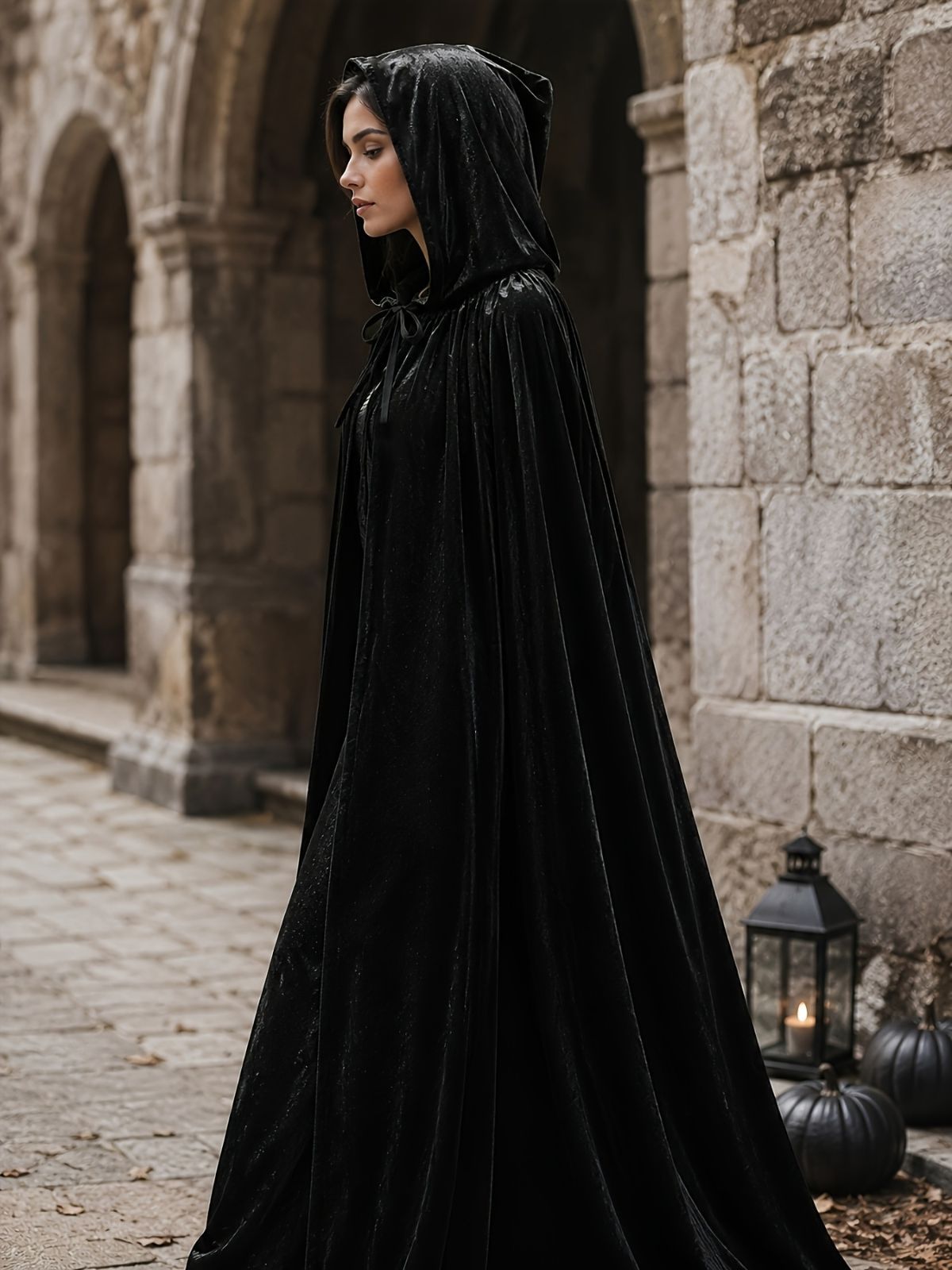 Black Velvet Cape Hooded Cape Cosplay Cape Halloween Costume Cape Party Cape - Black - Size XS