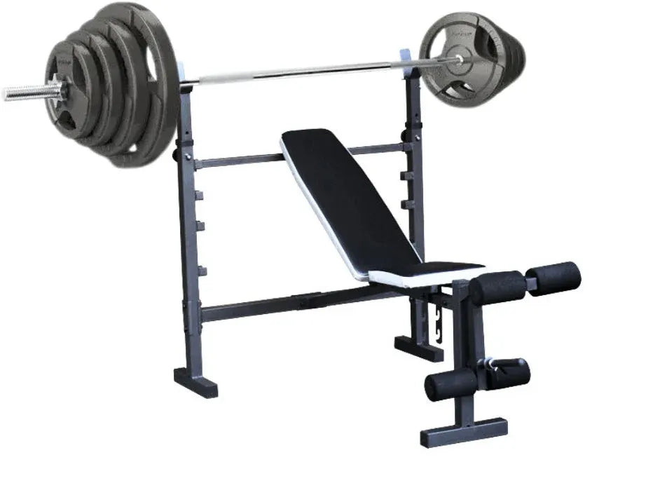 50kg Standard Hammertone Barbell Weights Set + Wide Adjustable FID Bench Press