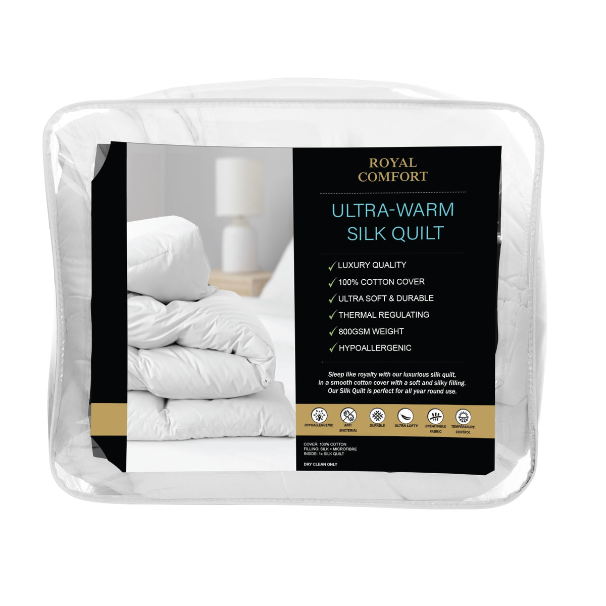 Royal Comfort 800GSM Silk Blend Quilt Duvet Ultra Warm Winter Weight  - King - White