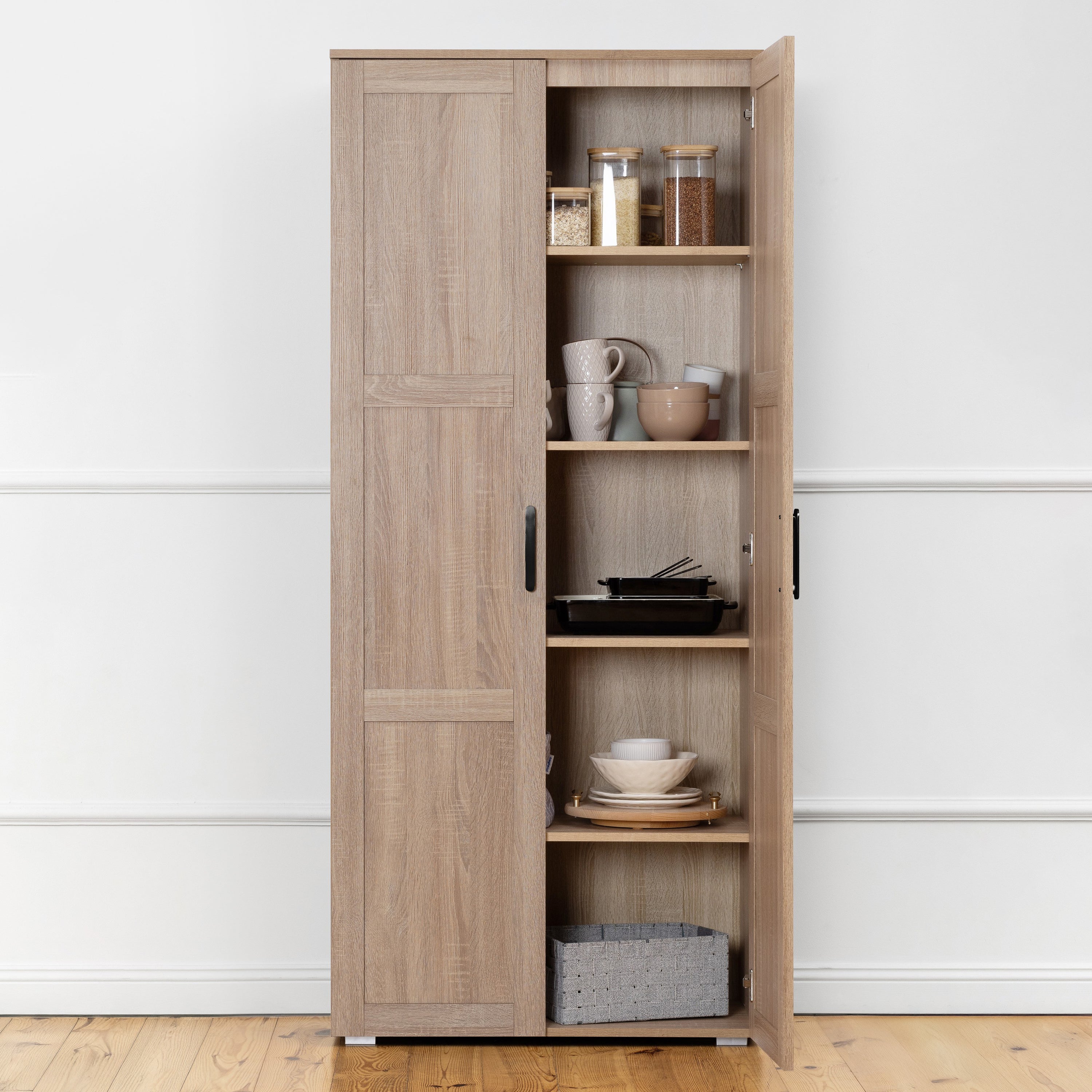 STOCKHOLM STORAGE CUPBOARD HAMPTONS - NATURAL OAK - OVAL BLACK