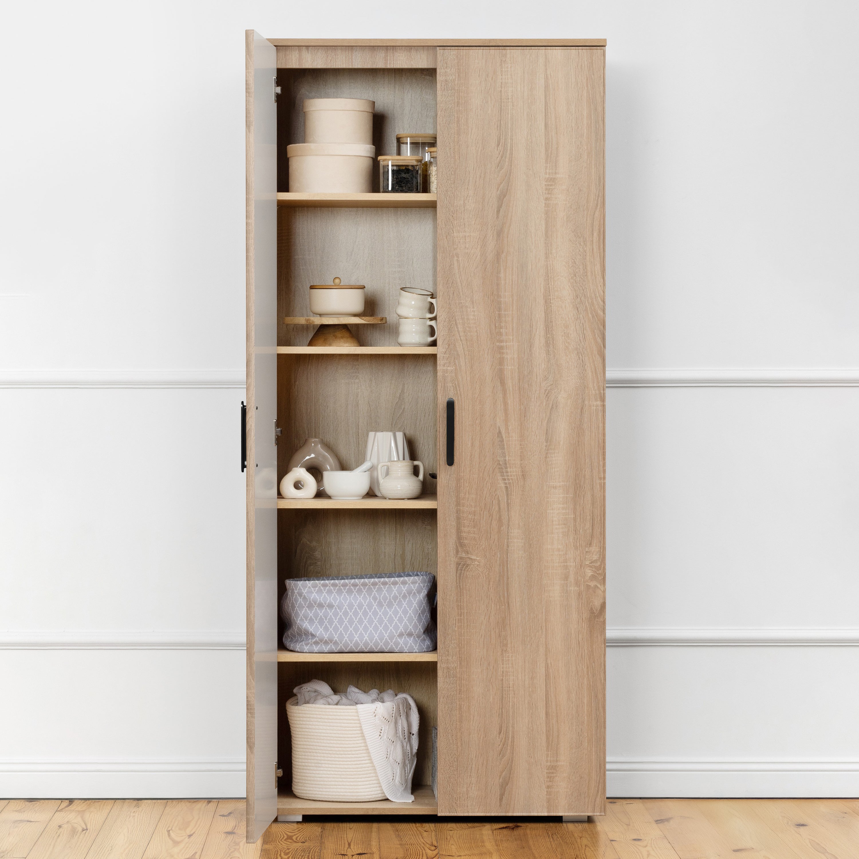 STOCKHOLM STORAGE CUPBOARD SLIM - NATURAL OAK - OVAL BLACK