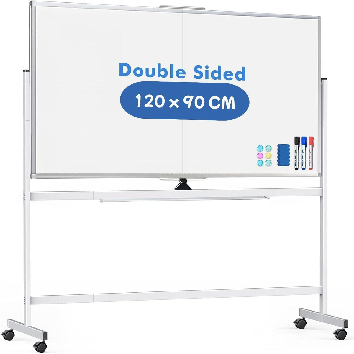 CARLA HOME Double-Sided Magnetic Whiteboard 120x90cm with Wheels, Reversible Design for School, Office & Home