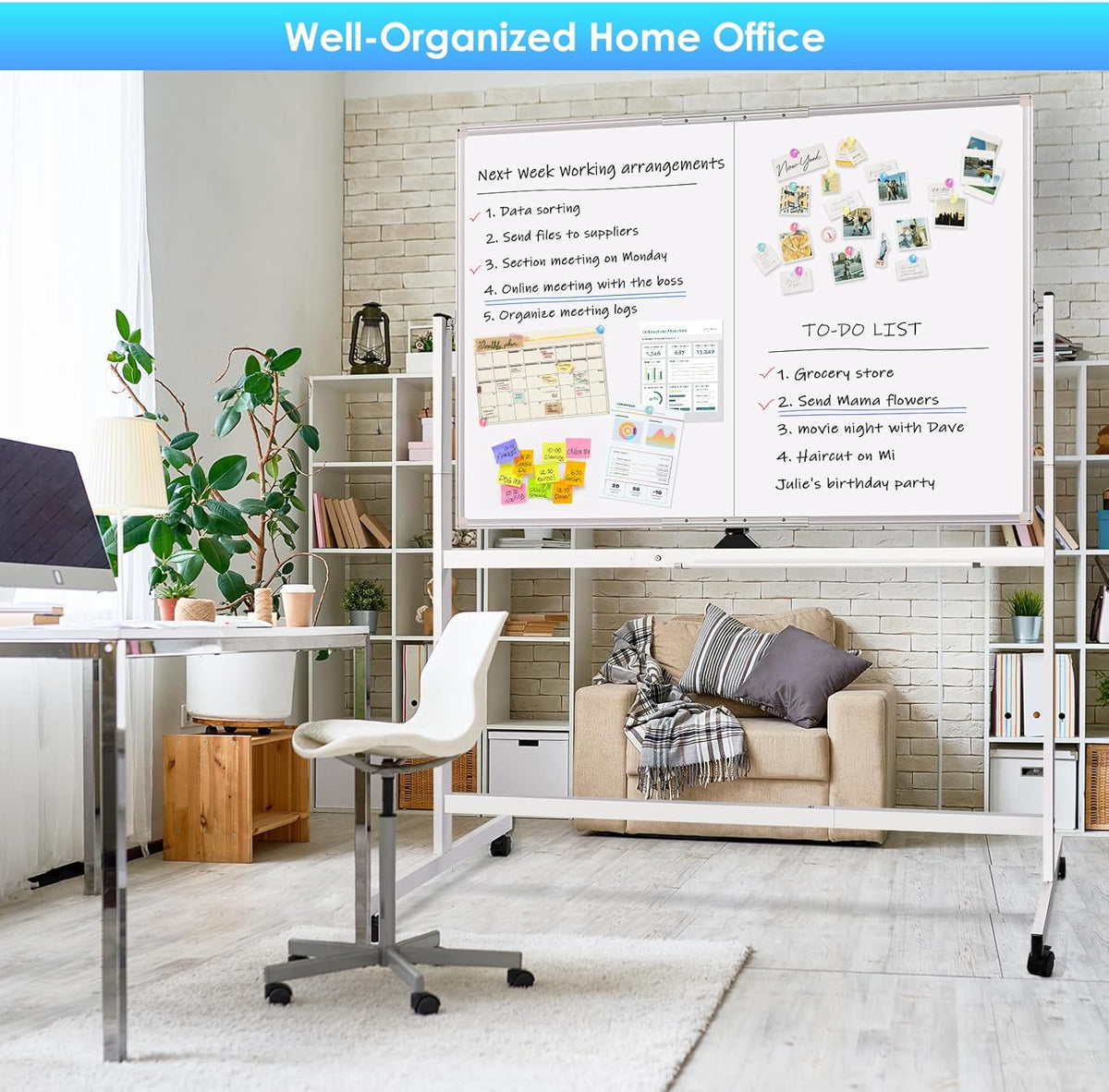 CARLA HOME Double-Sided Magnetic Whiteboard 120x90cm with Wheels, Reversible Design for School, Office & Home