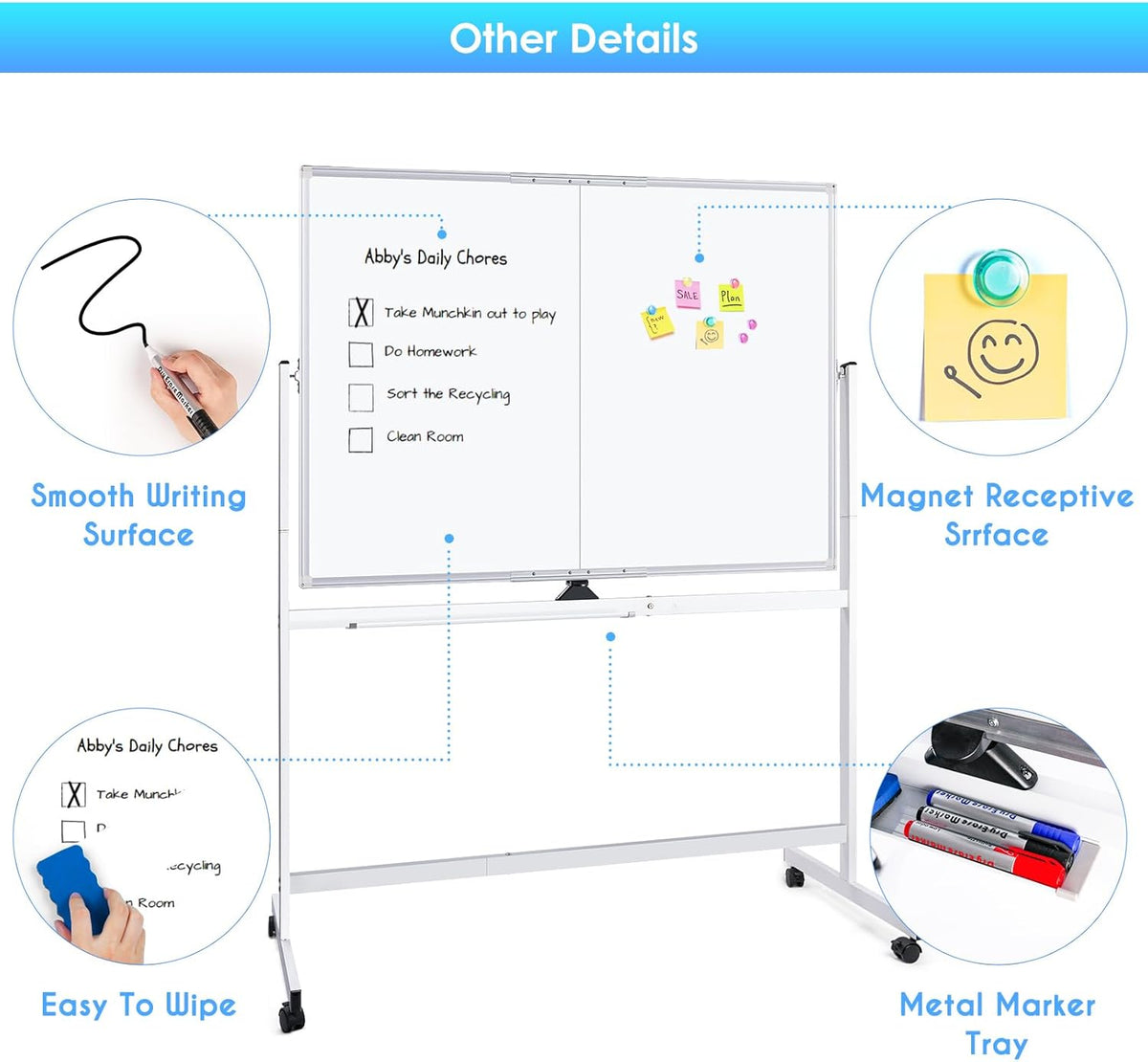 CARLA HOME Double-Sided Magnetic Whiteboard 120x90cm with Wheels, Reversible Design for School, Office & Home
