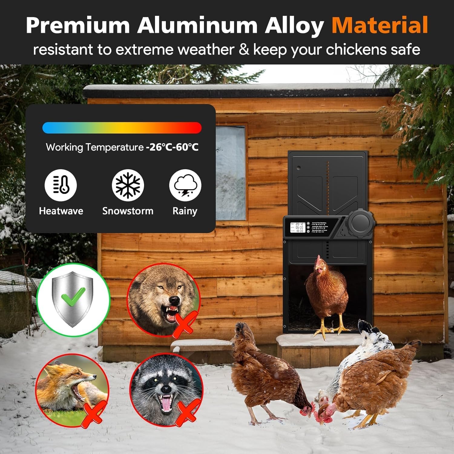 CARLA HOME Solar Automatic Chicken Coop Door with Timer, Light Sensor, Remote Control, Anti-Pinch, LED Screen & USB Charging