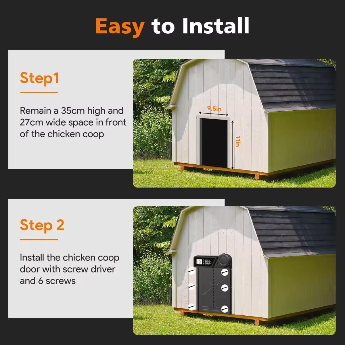 CARLA HOME Solar Automatic Chicken Coop Door with Timer, Light Sensor, Remote Control, Anti-Pinch, LED Screen & USB Charging