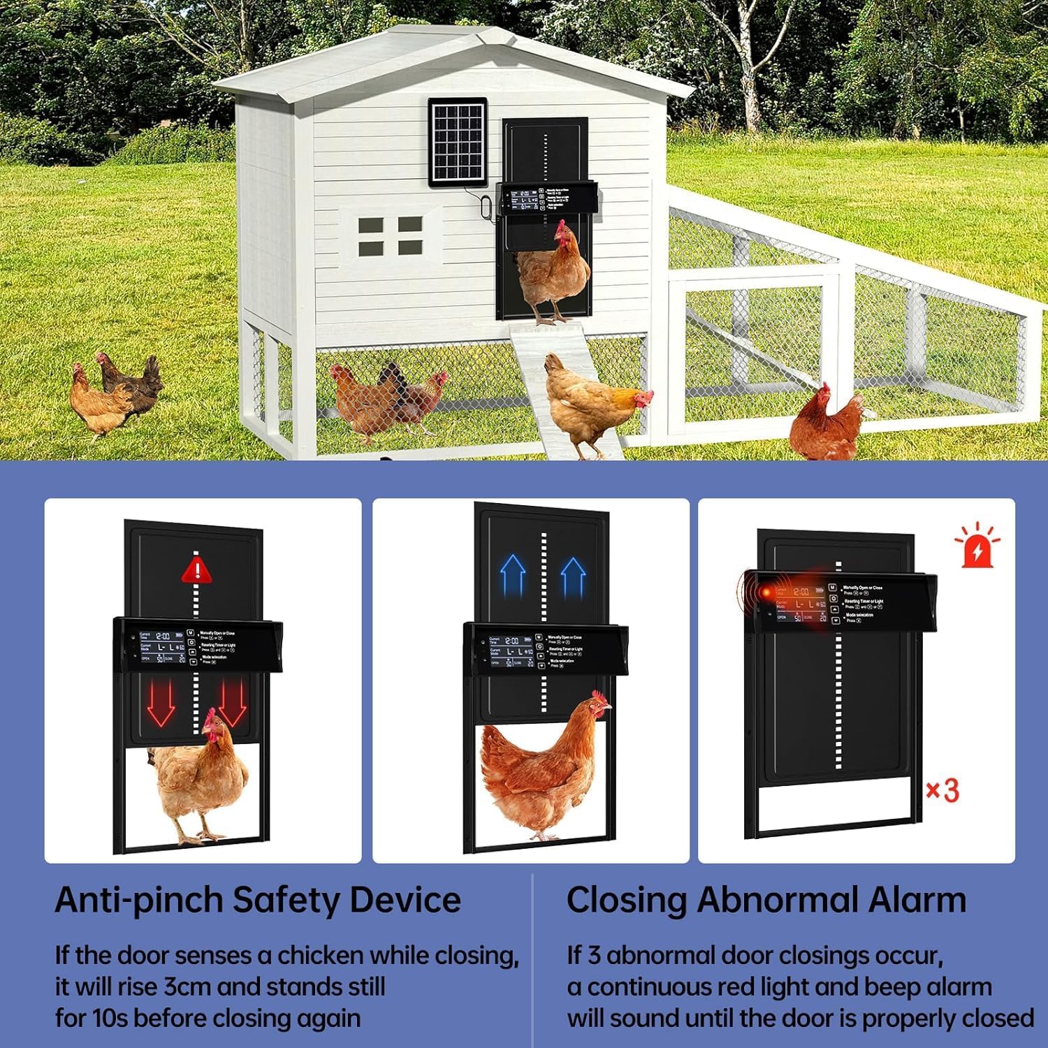 CARLA HOME Automatic Chicken Coop Door Solar Powered with 4 Mode Timer & Light Sensor, Anti-Pinch & USB Charging Port