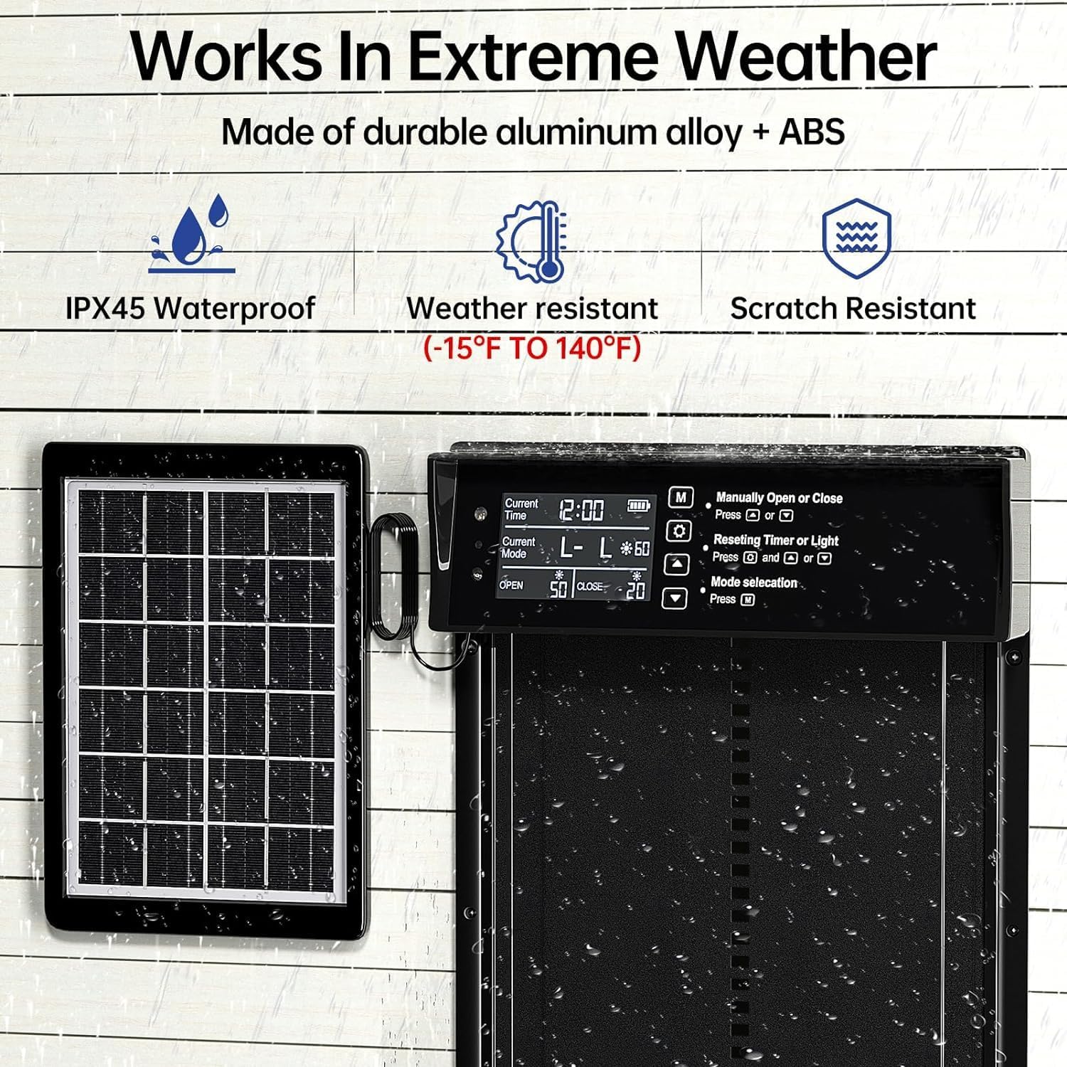 CARLA HOME Automatic Chicken Coop Door Solar Powered with 4 Mode Timer & Light Sensor, Anti-Pinch & USB Charging Port