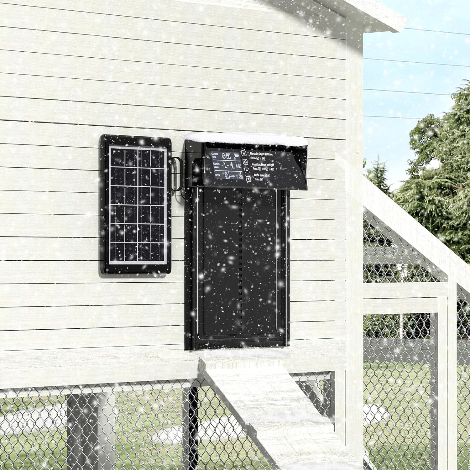 CARLA HOME Automatic Chicken Coop Door Solar Powered with 4 Mode Timer & Light Sensor, Anti-Pinch & USB Charging Port