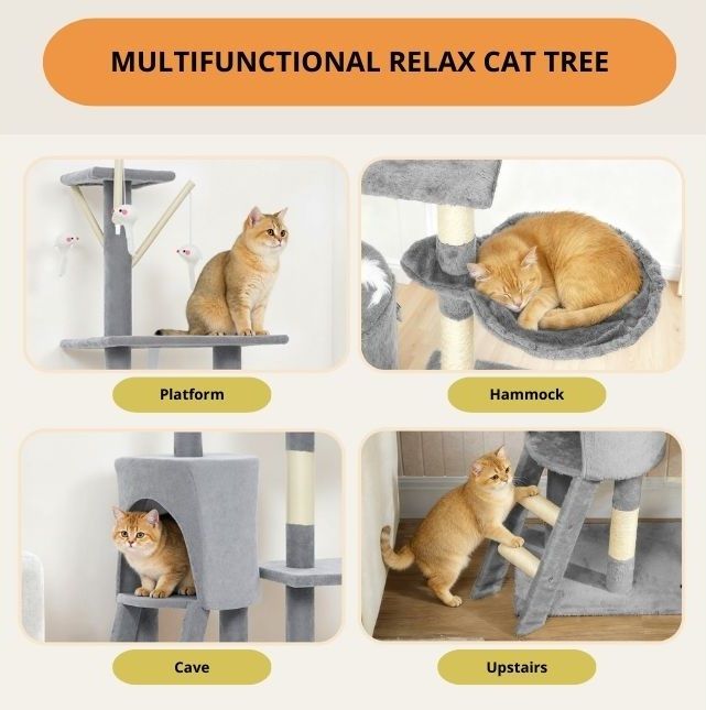 CARLA HOME 134cm Cat Tree for Indoor Cats with Hammock, Plush Perch & Sisal Scratching Posts for Kittens & Adult Cats (Light Grey)