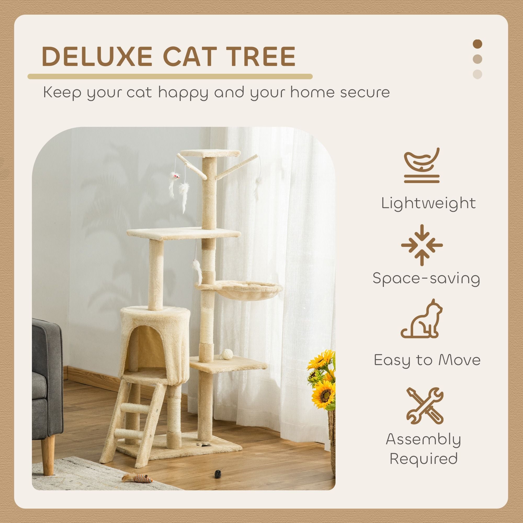CARLA HOME 134cm Cat Tree for Indoor Cats with Hammock, Plush Perch & Sisal Scratching Posts for Kittens & Adult Cats (Beige)