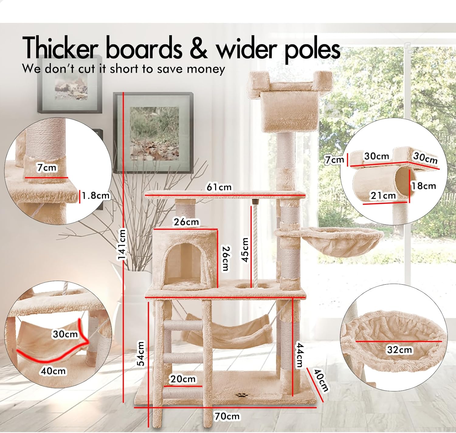 CARLA HOME 141cm Cat Tree Tower for Indoor Cats with Plush Perch, Ladder, Sisal Scratching Posts, Hammock & Condo for Kittens & Adult Cats (Beige)