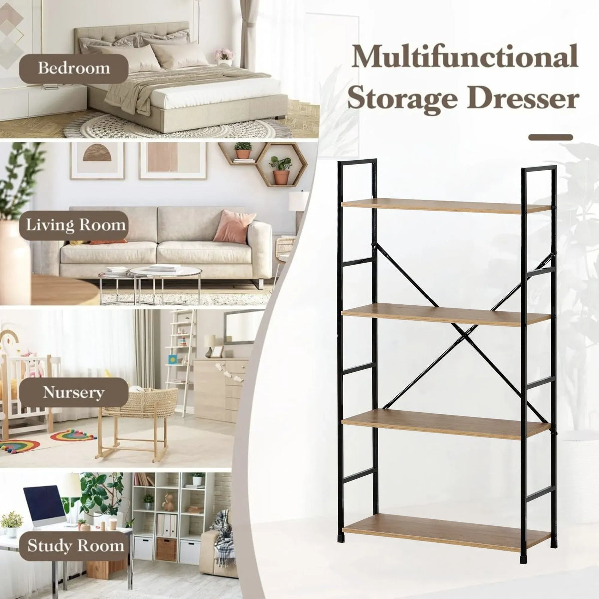 CARLA HOME 4 Tier Bookshelf - Industrial Display Shelf - Brown - Rustic - Steel - Living Room Office