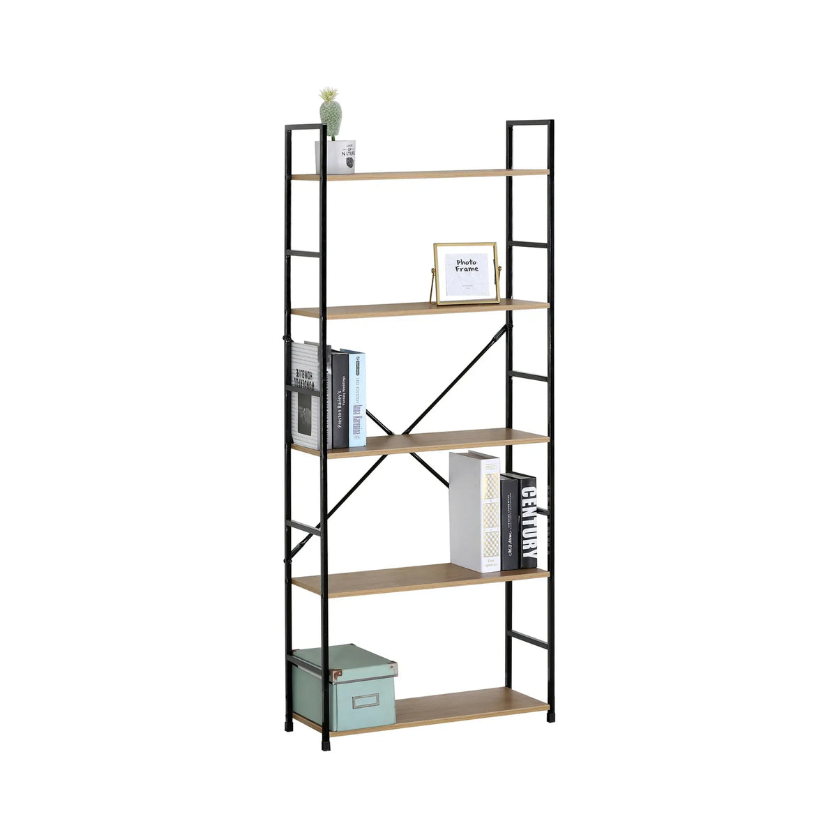 CARLA HOME 5 Tier Bookshelf - Industrial Display Shelf - Brown - Rustic - Steel - Living Room Office