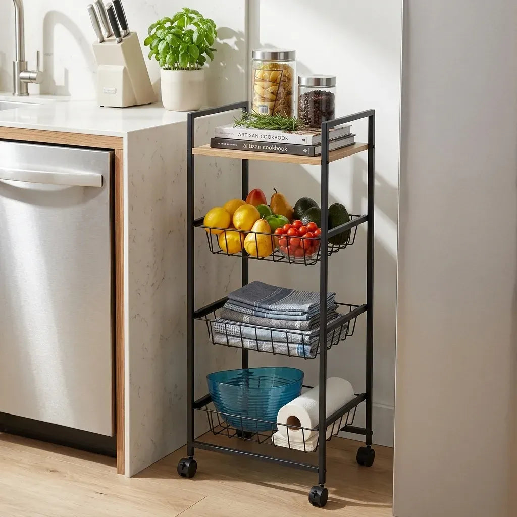 CARLA HOME 4 Tier Rolling Kitchen Trolley Cart - Rustic Brown - Steel - Kitchen Rolling Cart