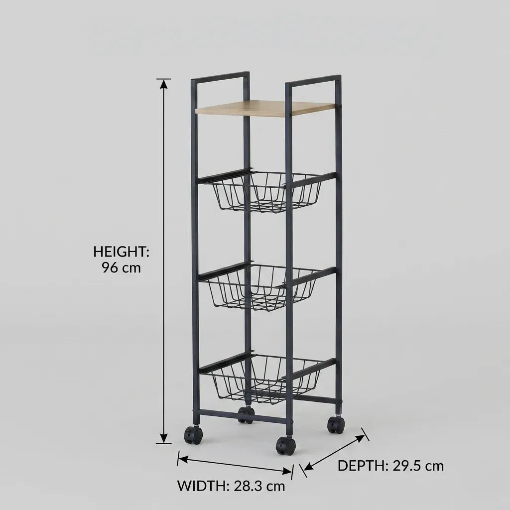 CARLA HOME 4 Tier Rolling Kitchen Trolley Cart - Rustic Brown - Steel - Kitchen Rolling Cart