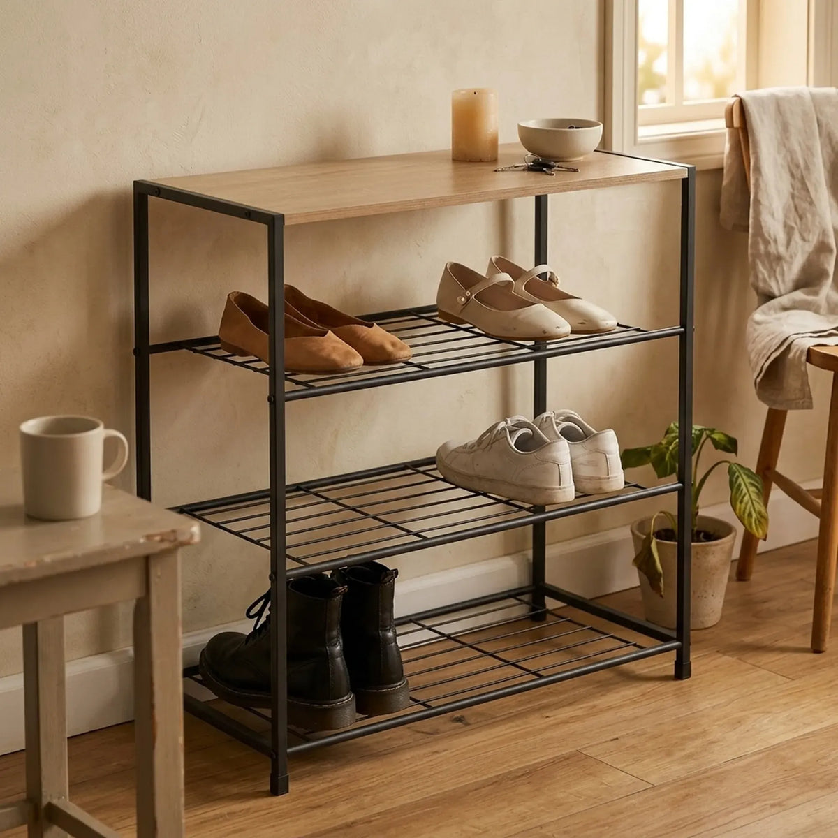 CARLA HOME 4 Tier Shoe Rack with Mdf Top Shelf - Metal - Brown - Rustic - Steel - Metal Mesh Shelves