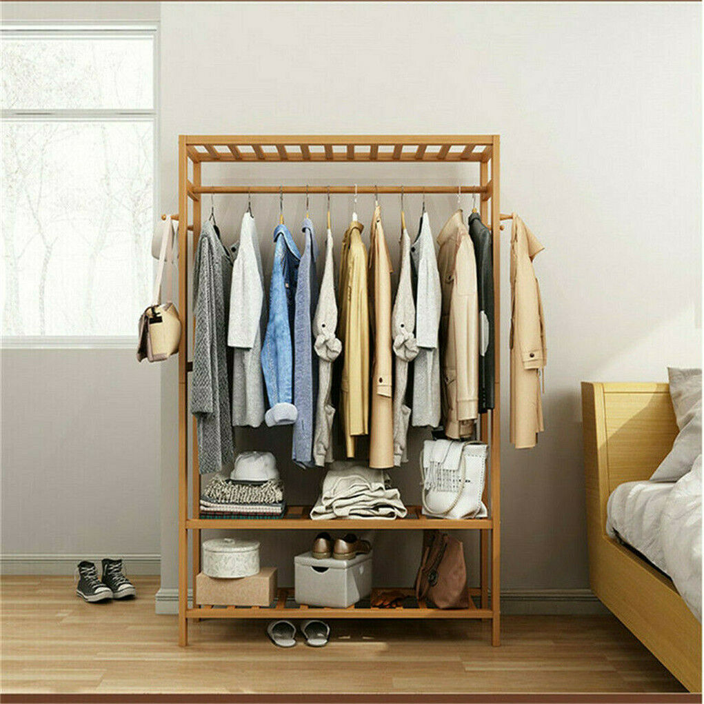 3-Tier Wooden Clothes Rack Rolling Garment Stand w/ Hooks