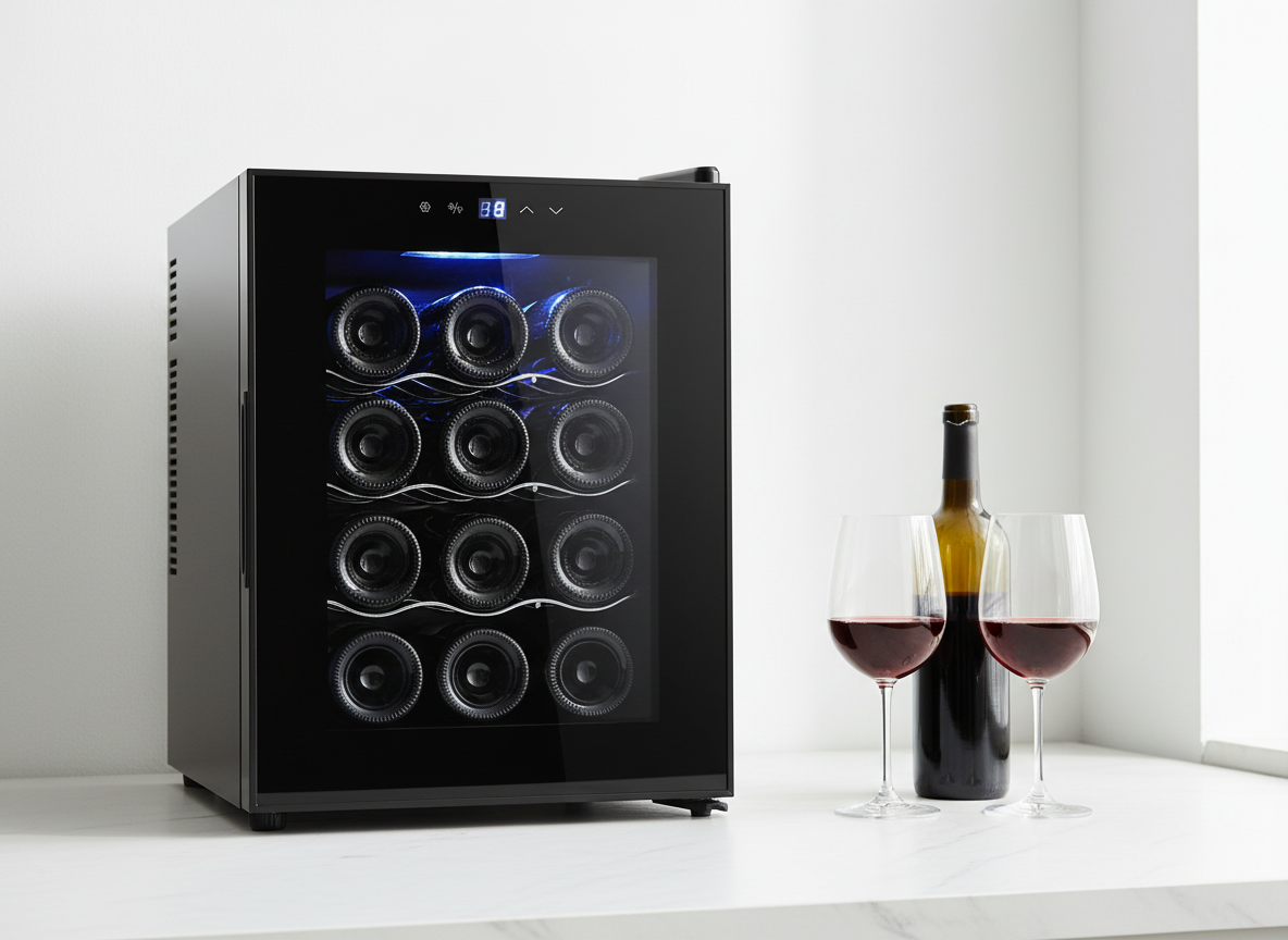 12 Bottle Thermoelectric Wine Fridge, 65W, UV Protected Glass Door, Soft LED Illumination
