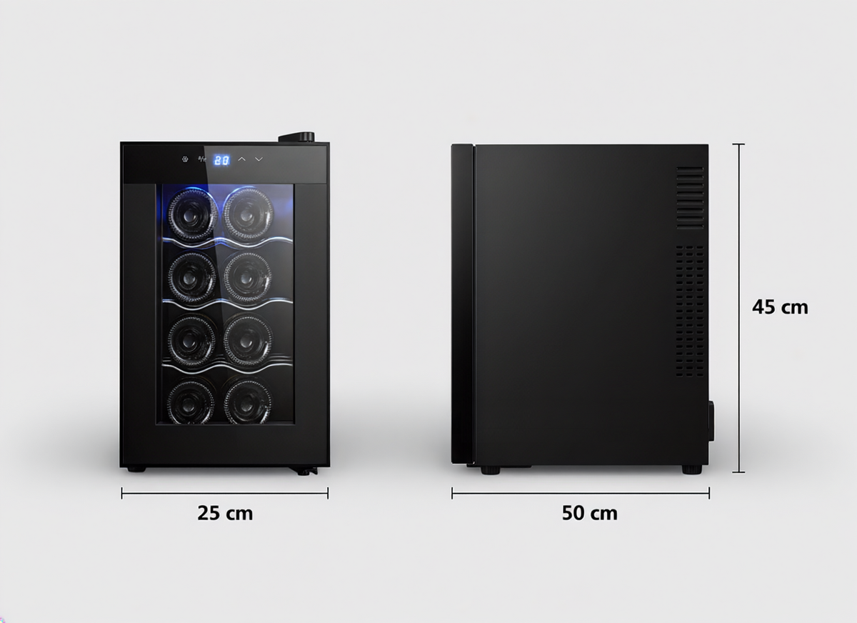 8 Bottle Thermoelectric Wine Fridge, 65W, UV Protected Glass Door, Soft LED Illumination