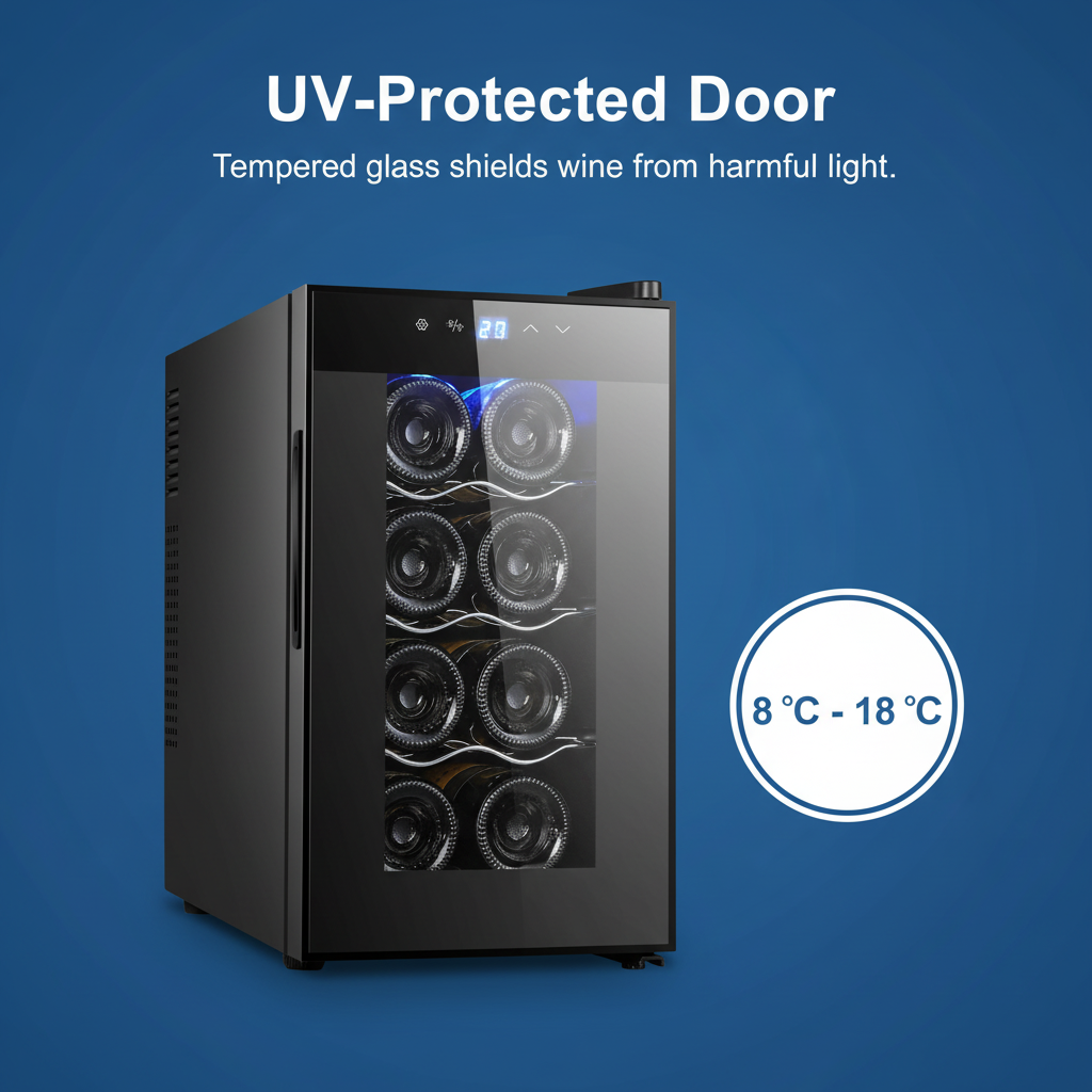 8 Bottle Thermoelectric Wine Fridge, 65W, UV Protected Glass Door, Soft LED Illumination