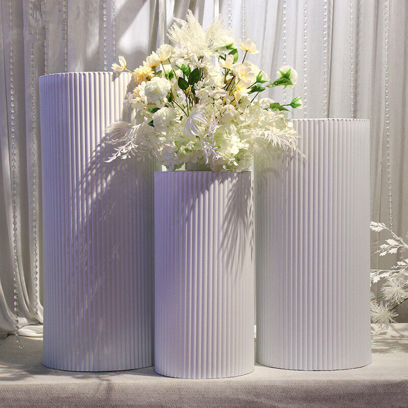 3x Metal Wedding Plinths Cylinder Pedestal Stand Ripple Cake Dessert Display