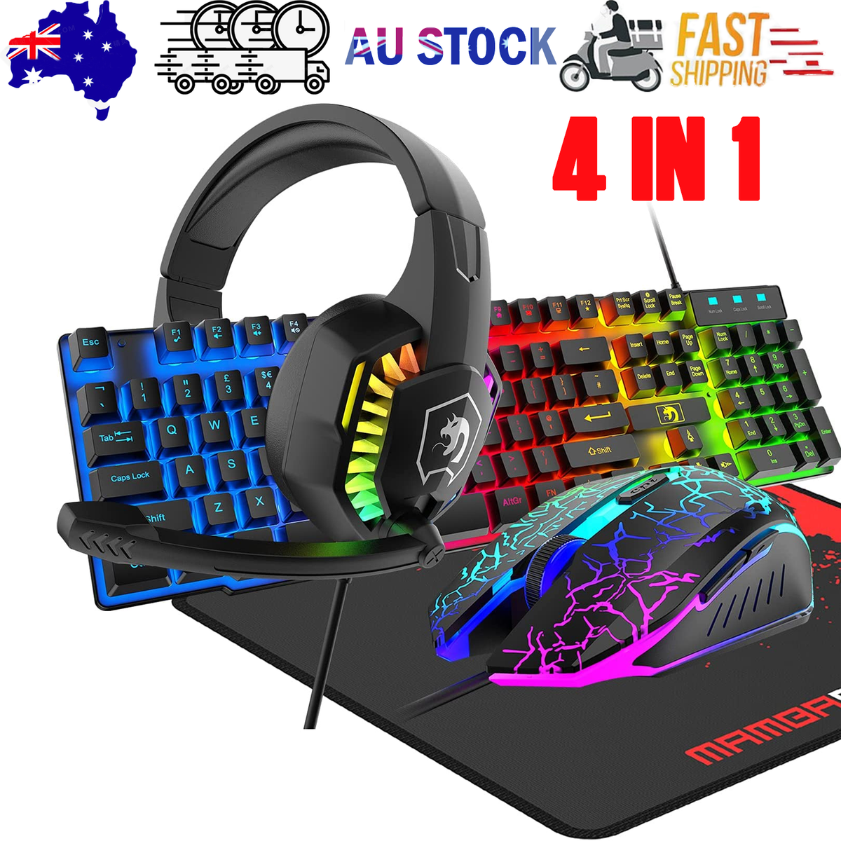 Gaming Keyboard & Mouse & Headset & Mousepad Set RGB Backlit Wired for PC Laptop