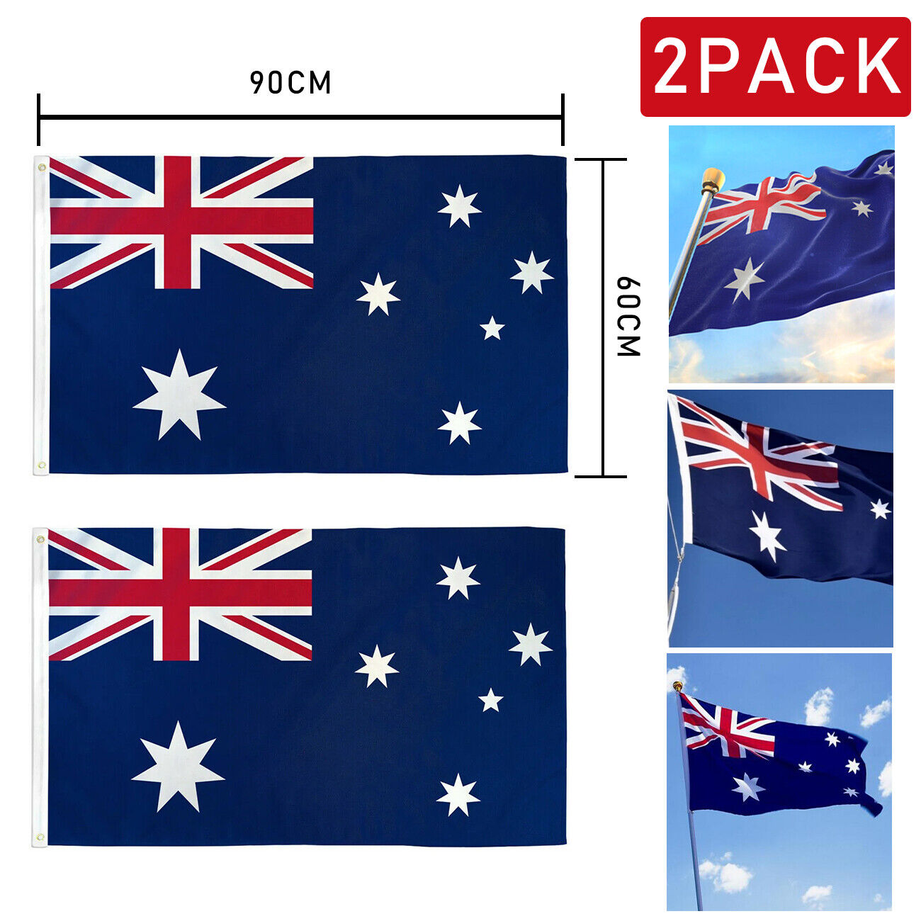 2 Pack Australian Aussie Flag Australia Anzac Day Oz AU 2x3ft 60x90cm Polyester