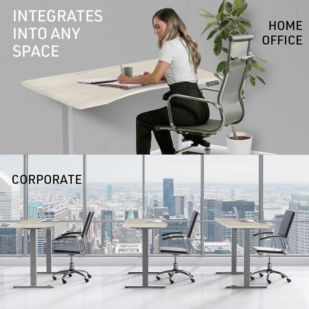 FORTIA Sit To Stand Up Standing Desk, 150x68cm, 72-118cm Electric Height Adjustable, Ergonomically Curved Edge, 50kg Rated, White Oak Style/Silver Frame