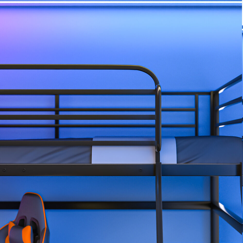 Gaming Loft Bed with Desk, Steel Metal Frame, Space Saving Design, for Single Mattress, Matte Dark Grey