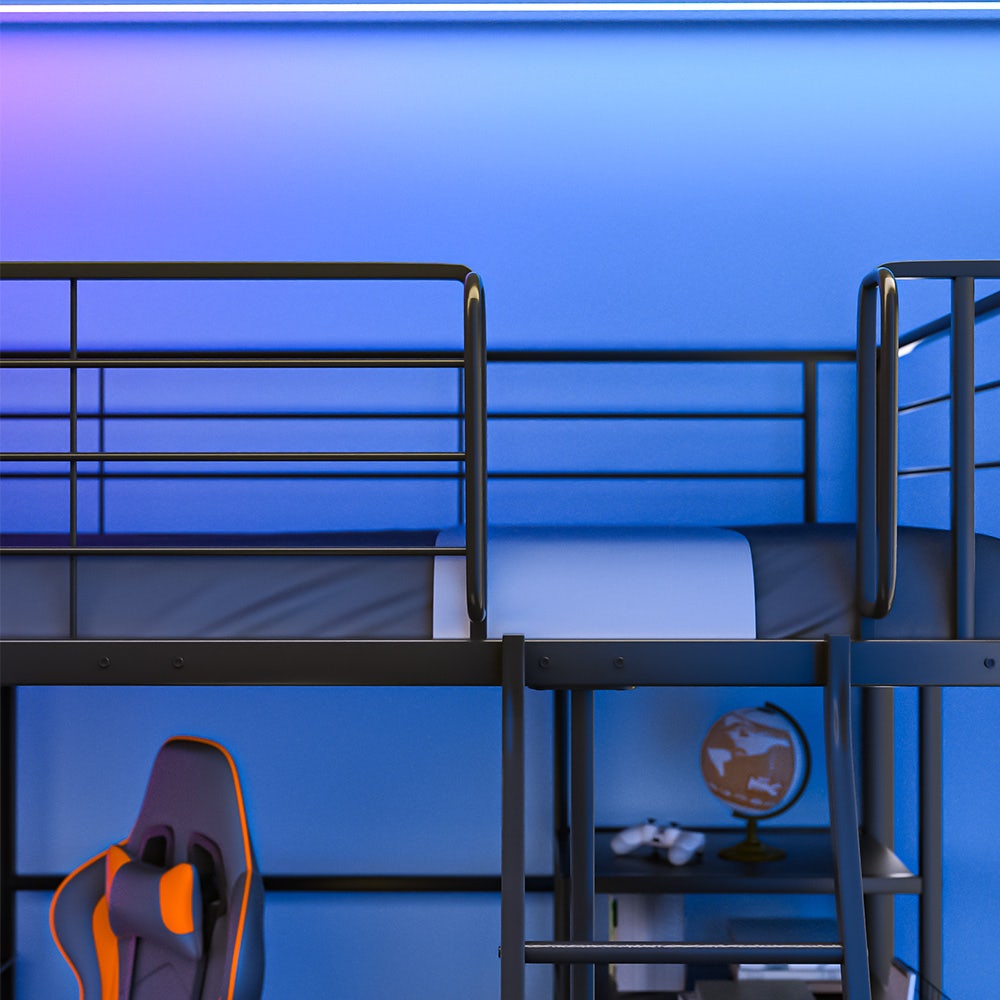 Gaming Loft Bed with Desk and Storage Cabinet, Steel Metal Frame, Space Saving Design, for Single Mattress, Matte Dark Grey