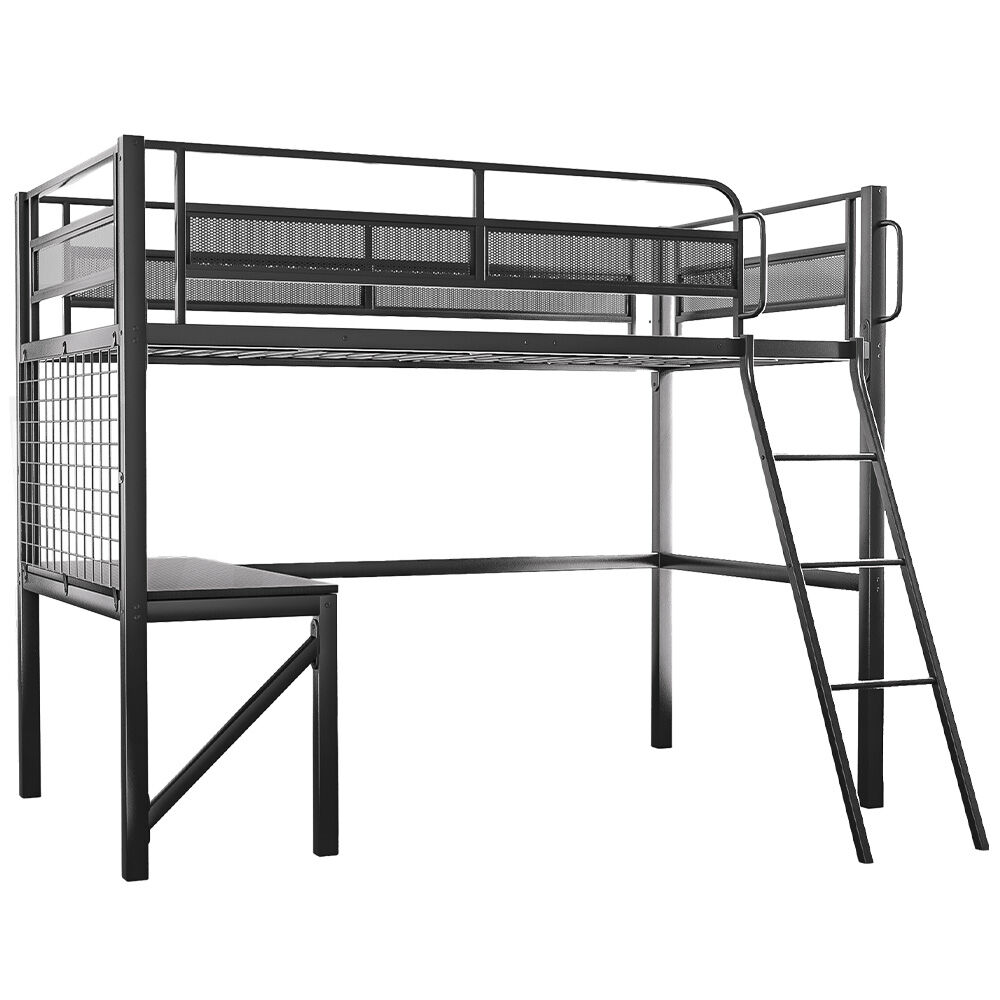Gaming Loft Bed with Desk, Gridwall, Steel Metal Frame, Space Saving Design, for Single Mattress, Matte Dark Grey