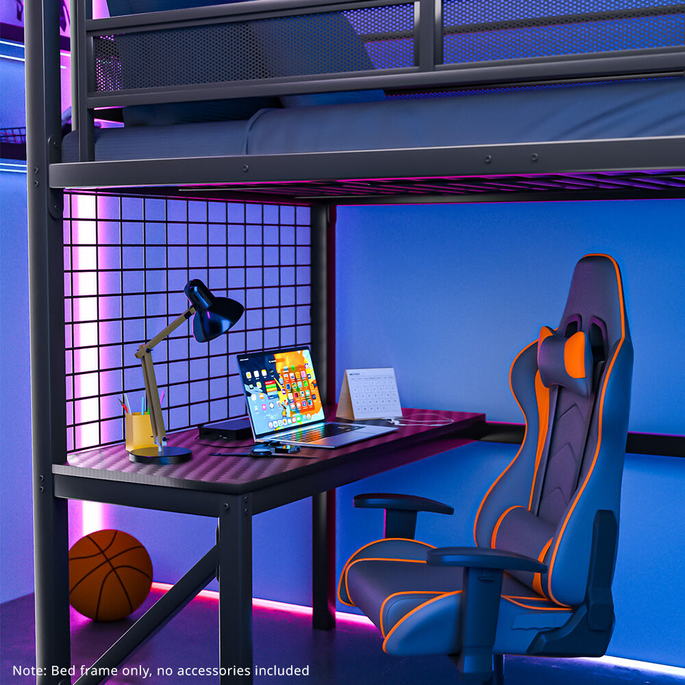 Gaming Loft Bed with Desk, Gridwall, Steel Metal Frame, Space Saving Design, for Single Mattress, Matte Dark Grey