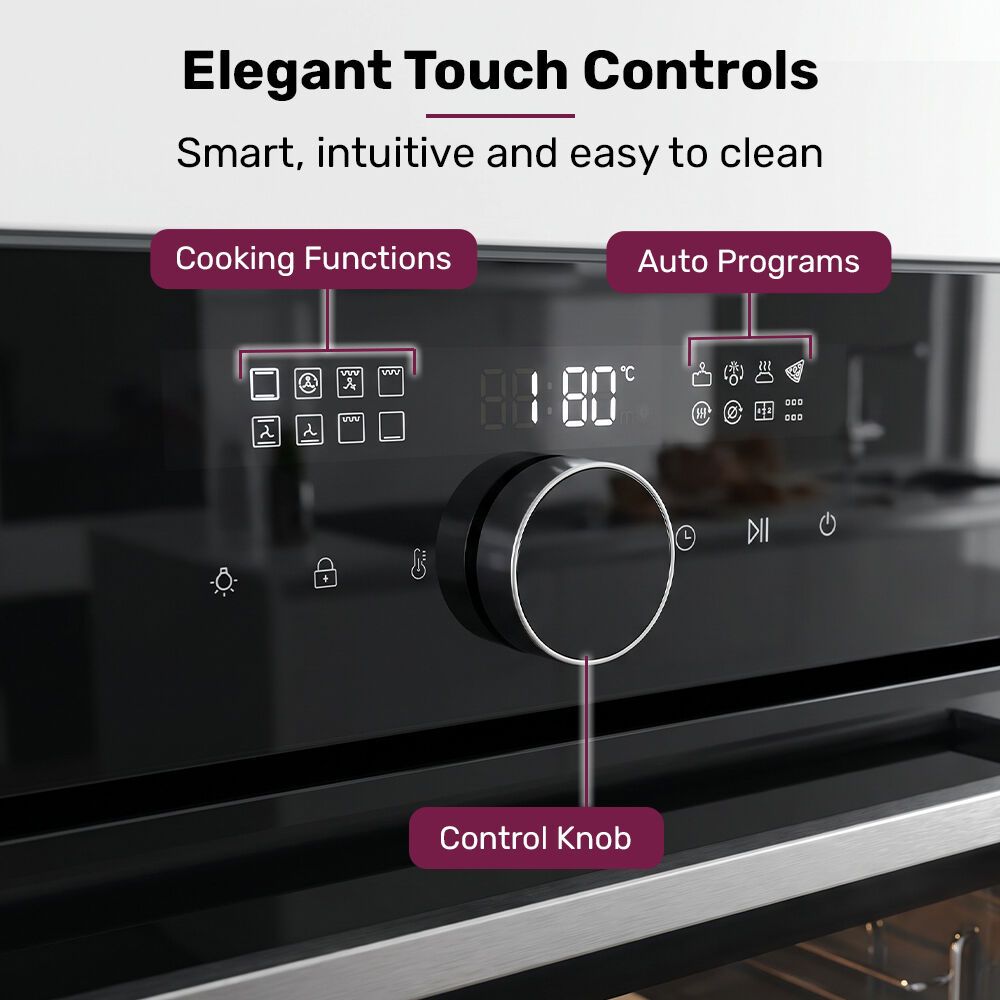 EUROCHEF 60cm Built-In Electric Oven, 80L, Water Clean, Air Fryer, 16 Functions, Triple-Glazed Door, Black, 15A Plug, Black