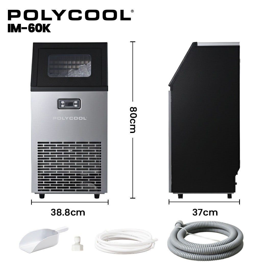 POLYCOOL Commercial Ice Maker Machine, up to 60kg/24hr, Timer & Self Cleaning Programs