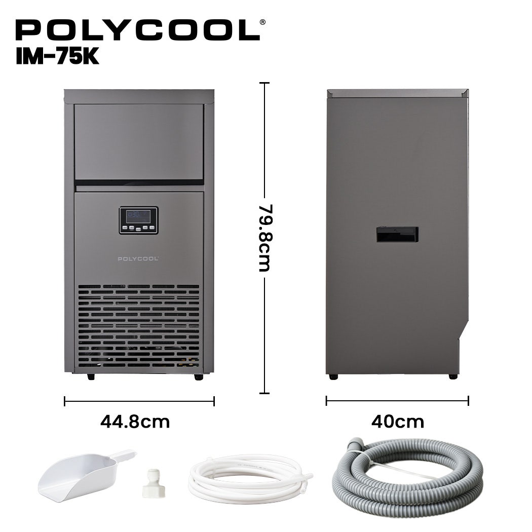 POLYCOOL Commercial Ice Maker Machine, up to 75kg/24hr, Timer & Self Cleaning Programs