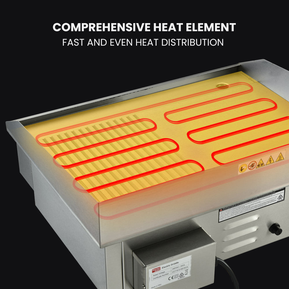 THERMOMATE Commercial Electric Griddle TH-G04, 2400W 55x35cm Half Ribbed Surface