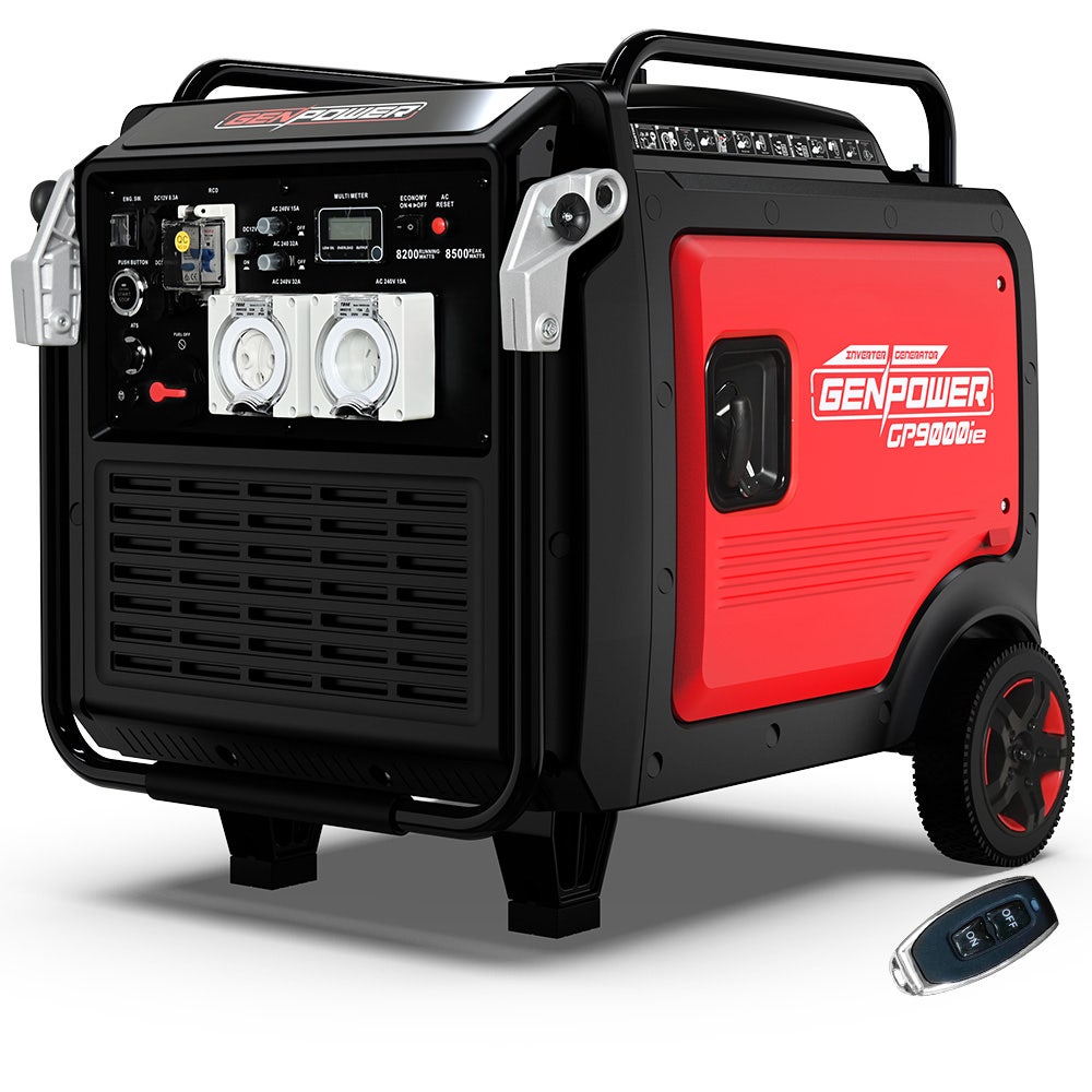 GENPOWER 8.5kW Peak 8.2kW Inverter Generator, Push Button & Remote Start, ATS Compatible, RCD, Portable w/ Wheels, 27L Fuel Tank, Grid Power Home Backup