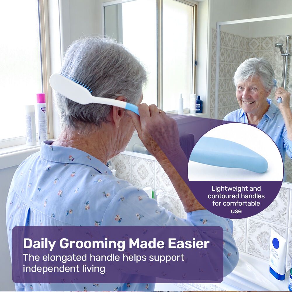 EQUIPMED Long Handle Hair Brush & Comb Set, Easy to Use Ergonomic Detangling Padded Hairbrush, Grooming Aid for Elderly and Limited Mobility