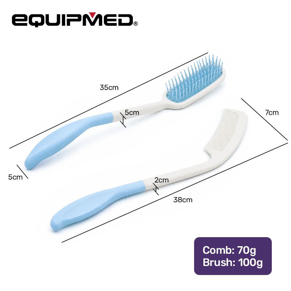 EQUIPMED Long Handle Hair Brush & Comb Set, Easy to Use Ergonomic Detangling Padded Hairbrush, Grooming Aid for Elderly and Limited Mobility