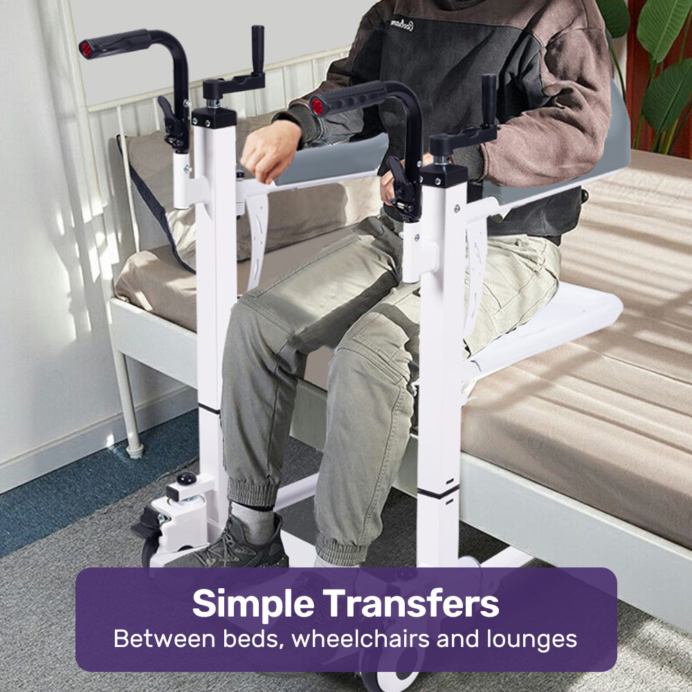 EQUIPMED 4in1 Patient Lift Transfer Chair, Manual Height Adjustment, Shower Compatible, Over Toilet, Removable Commode, for Seniors Elderly Disabled