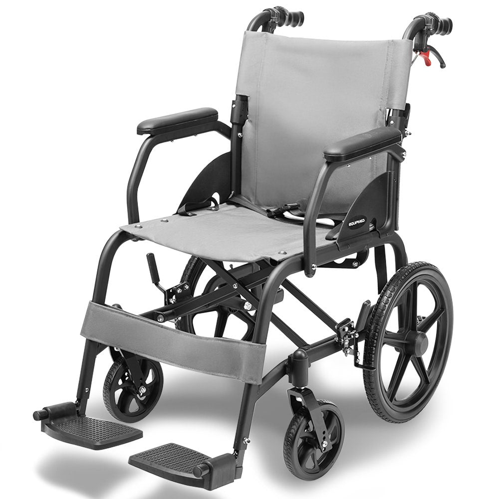 Equipmed Folding Transit Wheelchair, Lightweight Aluminium for Easy Transport, Grey